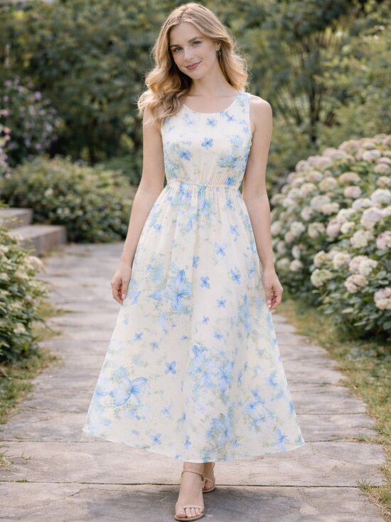 Private Label Dresses & Skirts - Floral Maxi Dress Sleeveless A Line Cottagecore Romantic Feminine Butterflies